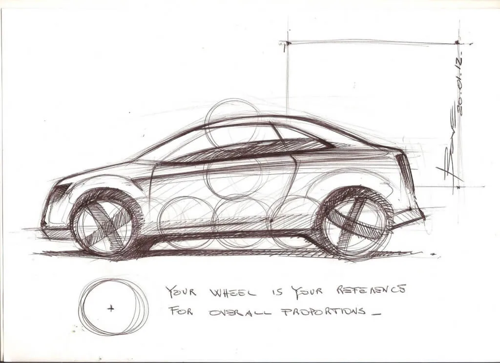 A rough technical drawing of a car